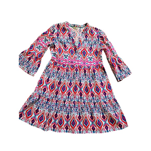 Boden Dresses & Skirts - Boho Boden Ikat Tiered Mini Dress Size 10 Pink Blue Bell Sleeve V-Neck